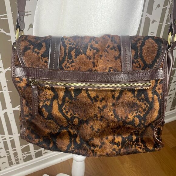Italian Leather Hair On Hide Cow Print Satchel Chocolate Brown - Picture 2 of 13